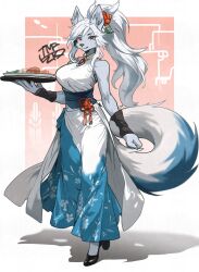 Rule 34 | 1girl, absurdres, animal ear fluff, animal ears, artist name, black footwear, blue dress, body fur, breasts, closed mouth, dress, floral print, flower, full body, furry, furry female, grey fur, hair flower, hair ornament, high ponytail, highres, large breasts, long hair, looking at viewer, mandarin collar, obi, obijime, original, pink background, red eyes, red flower, red rose, rose, sash, shadow, sidelocks, signature, sleeveless, smile, solo, standing, tail, tomochiso, walking, white dress, white hair, wolf ears, wolf girl, wolf tail
