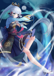 Rule 34 | 1girl, arm guards, armor, ayaka (genshin impact), blue eyes, blunt bangs, blurry, bly-yuan, breastplate, breasts, bridal gauntlets, cleavage, commentary request, depth of field, fighting, folding fan, full moon, genshin impact, grey hair, hair ornament, hair ribbon, hakama, hakama skirt, hand fan, highres, holding, holding fan, japanese clothes, long hair, looking at viewer, mole, mole under eye, moon, night, night sky, parted lips, ponytail, ribbon, short sleeves, sidelocks, skirt, sky, socks, solo, tress ribbon