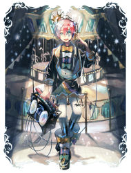 Rule 34 | 1boy, black nails, boombox, boots, bow, bowtie, carousel, crown, facial mark, fukase, green eyes, headset, isa (suisuihoi), male focus, mini crown, multicolored hair, nail polish, neon trim, open mouth, original, see-through, smile, solo, sound wave, spotlight, star (symbol), star facial mark, suspenders, vocaloid