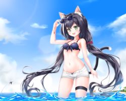 Rule 34 | 1girl, :d, animal ear fluff, animal ears, arm up, armpits, bare shoulders, bikini, bikini under clothes, black bikini, black hair, blue sky, blush, breasts, cat ears, cat girl, cat tail, cleavage, cloud, collarbone, day, eyewear on head, fish, green eyes, gukukimu, highres, karyl (princess connect!), karyl (summer) (princess connect!), long hair, looking at viewer, low twintails, medium breasts, multicolored hair, ocean, open clothes, open fly, open mouth, open shorts, outdoors, princess connect!, short shorts, shorts, sky, small breasts, smile, solo, standing, streaked hair, sunglasses, swimsuit, swordfish, tail, teeth, thigh strap, twintails, upper teeth only, very long hair, wading, water, white-framed eyewear, white hair