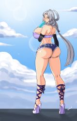Rule 34 | 1girl, absurdres, arshtat falenas, ass, blue eyes, breasts, cleavage, covered erect nipples, curvy, devil-v, female focus, food, from behind, gensou suikoden, gensou suikoden v, grey hair, high heels, highres, huge ass, huge breasts, ice cream, konami, licking, looking at viewer, looking back, looking to the side, platform footwear, platform heels, popsicle, short shorts, shorts, strapless, tongue, tube top