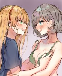 Rule 34 | 2girls, absurdres, blue eyes, bra, grabbing another&#039;s breast, collarbone, commentary request, grabbing, green bra, green eyes, grey hair, grey shirt, hair behind ear, heanna sumire, highres, long hair, love live!, love live! superstar!!, multicolored hair, multiple girls, ouga 0505, purple hair, shirt, short hair, sketch, streaked hair, tang keke, underwear, yuri