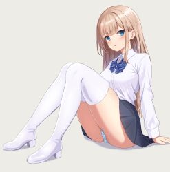 Rule 34 | 1girl, black skirt, blonde hair, blue bow, blue eyes, blush, boots, bow, bowtie, breasts, commentary, commission, full body, high heel boots, high heels, highres, knees together feet apart, knees up, legs, long hair, long sleeves, looking at viewer, medium breasts, nikki (n2kkey), original, panties, pantyshot, parted lips, pixiv commission, plaid, plaid bow, plaid bowtie, pleated skirt, school uniform, shirt, simple background, skirt, solo, straight hair, striped clothes, striped panties, thigh boots, thighs, underwear, uniform, white footwear, white shirt