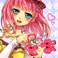 Rule 34 | 1girl, blue eyes, blush, bow, female focus, hair bow, heart, heart hands, lowres, open mouth, original, pink hair, short hair, smile, solo, yuh