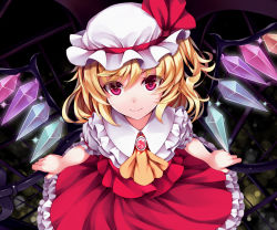 Rule 34 | 1girl, ascot, blonde hair, brooch, city lights, darkness, dress, flandre scarlet, hat, hat ribbon, highres, jewelry, kitou kaitai, laevatein, looking at viewer, mob cap, pink eyes, puffy short sleeves, puffy sleeves, railing, red dress, ribbon, shirt, short sleeves, side ponytail, simple background, smile, solo, touhou, wings