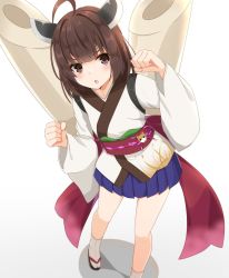 Rule 34 | 1girl, :o, brown eyes, brown hair, cannon, clenched hands, commentary, divergenceok, fox, full body, geta, hand up, highres, japanese clothes, kimono, leaning to the side, looking at viewer, obi, obi bow, sash, short hair, short kimono, short yukata, solo, standing, tabi, touhoku kiritan, v-shaped eyebrows, voiceroid, white background, white legwear, wide sleeves, yukata