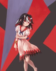 Rule 34 | 1girl, abstract background, arrow (symbol), barefoot, black hair, blue neckerchief, bracelet, closed mouth, collarbone, dress, feet out of frame, hair between eyes, hand on own arm, head tilt, highres, holding own arm, horns, jewelry, kijin seija, knees together feet apart, leg lift, looking at viewer, medium hair, multicolored background, multicolored hair, neckerchief, pointing, pointing down, puffy short sleeves, puffy sleeves, red eyes, red hair, reddizen, sash, short sleeves, smile, solo, streaked hair, swept bangs, touhou, white dress, white hair