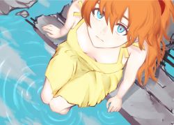 Rule 34 | 1girl, arms at sides, blue eyes, breasts, downblouse, dress, from above, hair between eyes, head tilt, highres, legs together, neon genesis evangelion, orange hair, painterly, popofu, rebar, reflection, sitting, small breasts, soaking feet, solo, souryuu asuka langley, sundress, wavy hair, yellow dress