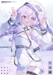 Rule 34 | 1girl, absurdres, choker, detached collar, fang, highres, hood, hoodie, jewelry, konpe itou, lock, o-ring, purple hair, ring, solo, thigh strap, thighs