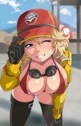 Rule 34 | 1girl, absurdres, blush, breasts, cidney aurum, cleavage, exlic, final fantasy, final fantasy xv, hat, highres, large breasts, looking at viewer, nipples, one eye closed, smile, square enix, thighhighs, wink