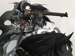 Rule 34 | 1girl, aiming, apron, asterisk kome, black hair, blue eyes, bolt action, dagger, glasses, gloves, gun, holding, holding gun, holding weapon, horseback riding, knife, lee-enfield, maid, maid apron, maid headdress, marie gardner, medal, original, reloading, riding, rifle, scabbard, sheath, shell casing, solo, weapon