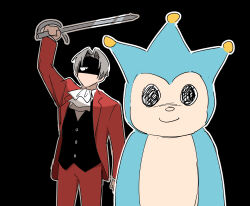 Rule 34 | 1boy, 1other, absurdres, ace attorney, ace attorney investigations, arm up, ascot, black background, black vest, blue badger, grey hair, highres, holding, holding sword, holding weapon, jacket, mascot, mascot costume, miles edgeworth, no mouth, outline, pants, parted bangs, red jacket, red pants, revenge, shaded face, short hair, sneaking, solid circle pupils, sword, vest, weapon, white ascot, white outline, youki lee