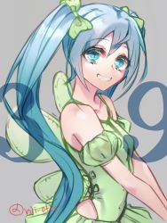 Rule 34 | 1girl, absurdly long hair, aqua eyes, aqua hair, artist name, artist request, bare shoulders, blue eyes, blue hair, blush, bow, breasts, butterfly wings, cross-laced clothes, cross-laced dress, dress, female focus, green bow, green dress, green skirt, hair bow, hatsune miku, insect wings, long hair, looking at viewer, nii-otto, parted lips, skirt, small breasts, smile, solo, twintails, very long hair, vocaloid, wings