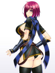 Rule 34 | 1girl, abu, ass, breasts, from behind, highres, japanese clothes, kimono, large breasts, looking at viewer, looking back, nel zelpher, panties, purple eyes, red hair, scarf, shiny clothes, shiny skin, short hair, short kimono, sideboob, solo, star ocean, star ocean till the end of time, thick thighs, thighhighs, thighs, underwear