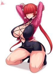 Rule 34 | 1girl, absurdres, arms behind head, arms up, black panties, breasts, cameltoe, cleavage, cleft of venus, covered erect nipples, curvy, hair over eyes, highres, huge breasts, jmg, kneeling, no bra, panties, pantyshot, popped collar, red hair, revealing clothes, shermie (kof), solo, taut clothes, the king of fighters, the king of fighters xv, thighs, underwear, white background, wide hips