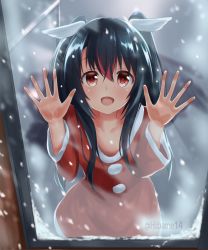 Rule 34 | 1girl, against glass, akabane hibame, black hair, christmas, highres, long hair, open mouth, original, oversized clothes, red eyes, santa costume, snowing, solo, twitter username, two side up