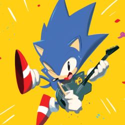 Rule 34 | 1boy, anniversary, electric guitar, furry, furry male, gloves, guitar, instrument, jumping, male focus, one eye closed, shoes, smile, sneakers, solo, sonic (series), sonic the hedgehog, sonic the hedgehog (classic), tyson hesse, yellow background