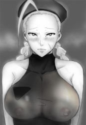 Rule 34 | 1girl, ahoge, bad id, bad pixiv id, beret, blush, braid, breasts, cammy white, collarbone, covered erect nipples, forehead, greyscale, hairline, hat, huge ahoge, large breasts, leotard, monochrome, nipples, scar, see-through, skin tight, solo, street fighter, sugi (goodcat), twin braids