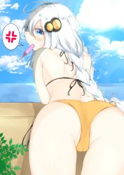 Rule 34 | 1girl, ahoge, anger vein, ass, aties20, back, bent over, bikini, blue eyes, blue sky, braid, cameltoe, cloud, cloudy sky, commentary, day, food, from behind, hair ornament, ivy, kizuna akari, long hair, looking at viewer, looking back, mouth hold, ocean, orange bikini, outdoors, popsicle, sky, spoken anger vein, standing, sweatdrop, swimsuit, thighs, twin braids, very long hair, vocaloid, voiceroid, wall