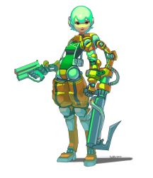Rule 34 | 1girl, absurdres, breasts, cyberpunk, cyborg, full body, green hair, gun, handgun, highres, holding, holding gun, holding weapon, koutetu yarou, looking at viewer, open mouth, original, piston, prosthesis, prosthetic arm, prosthetic leg, red eyes, short hair, signature, small breasts, solo, standing, teeth, upper teeth only, very short hair, weapon, white background
