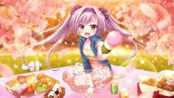 Rule 34 | 1girl, blanket, blue jacket, blurry, blurry foreground, breasts, cherry blossoms, cherry tree, cleavage, collarbone, cup, cupcake, dango, denim, denim jacket, dot nose, evening, fang, film grain, floral print, food, food request, frilled shirt, frills, game cg, grass, green eyes, hair ornament, hair scrunchie, hairband, hanami, hand on ground, high heels, ice, ice cube, incoming food, izumi tsubasu, jacket, lens flare, lettuce, looking at viewer, misaki sango, non-web source, official art, onigiri, open mouth, outdoors, picnic, pink skirt, print skirt, purple hair, purple hairband, purple scrunchie, re:stage!, sanshoku dango, scrunchie, shirt, shoes, unworn shoes, shrimp, shrimp tempura, sitting, skewer, skirt, small breasts, smile, socks, solo, sparkle, stone wall, swept bangs, tempura, twintails, wagashi, wall, white footwear, white socks, yellow shirt, yokozuwari