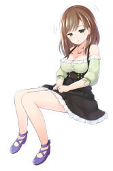 Rule 34 | 1girl, :o, absurdres, alternative girls, bad id, bad pixiv id, bare legs, bare shoulders, black skirt, blush, breasts, brown hair, butterfly necklace, cleavage, frilled shirt, frilled skirt, frills, full body, green eyes, green shirt, half-closed eyes, hands on lap, high-waist skirt, highres, hirose koharu, invisible chair, jewelry, long hair, looking down, medium breasts, momotomimi, motion lines, necklace, no socks, off-shoulder shirt, off shoulder, parted lips, pendant, purple footwear, shirt, shoes, simple background, sitting, skirt, solo, swept bangs, white background