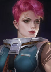 Rule 34 | 1girl, breasts, eyelashes, green eyes, highres, lips, looking past viewer, medium breasts, nose, open mouth, overwatch, overwatch 1, parted lips, pink hair, red lips, scar, short hair, solo, y xun, zarya (overwatch)