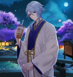 1boy absurdres bad_id bad_twitter_id blue_eyes blue_hair bubble_tea genshin_impact hair_between_eyes highres japanese_clothes kamisato_ayato kimono long_hair long_sleeves male_focus mole mole_under_mouth pinchi smile teeth