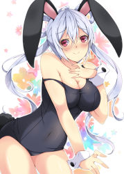 Rule 34 | 1girl, ahoge, animal ears, bare shoulders, black one-piece swimsuit, breasts, cleavage, collarbone, competition school swimsuit, covered navel, cowboy shot, female focus, floral background, hair between eyes, hand on own chest, highres, large breasts, leaning forward, long hair, looking at viewer, matoi (pso2), off shoulder, old school swimsuit, one-piece swimsuit, phantasy star, phantasy star online 2, playboy bunny swimsuit, rabbit ears, rabbit tail, red eyes, school swimsuit, silver hair, simple background, skin tight, smile, solo, swimsuit, tail, thighs, twintails, wrist cuffs