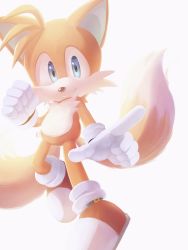 Rule 34 | 1boy, animal nose, blue eyes, closed mouth, fox boy, furry, furry male, gloves, highres, looking at viewer, male focus, misuta710, multiple tails, shoes, simple background, smile, solo, sonic (series), tail, tails (sonic), two tails, white background, white gloves