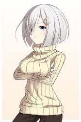 Rule 34 | 10s, 1girl, alternate costume, blue eyes, breasts, crossed arms, gradient background, hair ornament, hair over one eye, hairclip, hamakaze (kancolle), highres, kantai collection, looking at viewer, short hair, silver hair, solo, sweater, utsushige