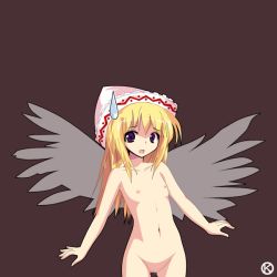 Rule 34 | 1girl, alphes (style), bad id, bad pixiv id, blonde hair, censored, female focus, flat chest, hat, kaoru (gensou yuugen-an), lily white, navel, nipples, nude, parody, purple eyes, simple background, solo, style parody, sweatdrop, touhou, wings