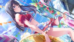 Rule 34 | 1girl, bikini, black hair, blue eyes, blue sky, blush, cloud, day, flower, frilled bikini, frills, highres, holding, holding microphone, idol, idoly pride, looking at viewer, microphone, nagase kotono, puffy short sleeves, puffy sleeves, red flower, short sleeves, sky, source request, stage, sunlight, swimsuit, white flower