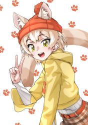 Rule 34 | 1girl, :d, absurdres, animal ears, animal print, beanie, belt, blonde hair, brown skirt, cat (kemono friends), cat ears, cat girl, cat print, cat tail, cowboy shot, ears through headwear, extra ears, hat, highres, hood, hood down, kemono friends, kemono friends 3, light brown hair, long sleeves, multicolored hair, official alternate costume, open mouth, orange hat, plaid, plaid skirt, shirt, short hair, skirt, smile, solo, sweater, tail, tanabe (fueisei), v, white shirt, yellow eyes, yellow sweater