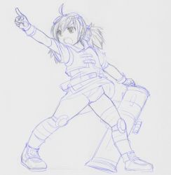 Rule 34 | 1girl, ahoge, female focus, fingerless gloves, full body, gloves, goggles, goggles on head, kasuga yukihito, knee pads, long hair, m1 bazooka, miniskirt, monochrome, open mouth, panties, pantyshot, pinko, pointing, pointing forward, rocket launcher, sketch, skirt, solo, standing, tartaros online, traditional media, twintails, underwear, weapon