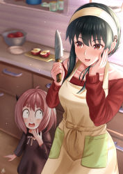 Rule 34 | 2girls, age difference, ahoge, akiyama0818, alternate eye color, anya (spy x family), apple, apple slice, apron, bare shoulders, basin, black dress, black hair, child, cutting board, day, drawer, dress, food, fruit, hair ribbon, hairband, hairpods, hand on own head, hand to own mouth, height difference, highres, holding, holding knife, holding weapon, indoors, jar, kitchen, kitchen knife, knife, light, long sleeves, mason jar, mother and daughter, multiple girls, open mouth, pink hair, plate, pocket, red ribbon, red sweater, ribbon, short hair, sparkling eyes, spy x family, surprised, sweater, teeth, upper teeth only, weapon, white ribbon, wooden floor, yellow apron, yellow hairband, yellow ribbon, yor briar