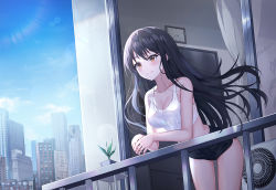 Rule 34 | 1girl, bad id, bad twitter id, balcony, bare arms, bare shoulders, bent over, black hair, black shorts, breasts, brown eyes, caba (caba091), cityscape, cleavage, closed mouth, collarbone, cowboy shot, crop top, day, floating hair, large breasts, long hair, looking away, micro shorts, midriff, no bra, original, outdoors, see-through, see-through silhouette, shirt, short shorts, shorts, side slit, sidelocks, sleeveless, sleeveless shirt, smile, solo, standing, sunlight, thighs, white shirt, wind