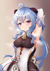 Rule 34 | 1girl, absurdres, arm above head, armpits, bell, blue hair, blush, bodystocking, bodysuit, breasts, brown bodysuit, brown leotard, chinese knot, cowbell, cowboy shot, detached sleeves, flower knot, ganyu (genshin impact), genshin impact, goat horns, gold trim, hair between eyes, highres, horns, ilias 005, leotard, leotard under clothes, long hair, low ponytail, medium breasts, neck bell, presenting armpit, purple eyes, smile, solo, sweat, wide sleeves