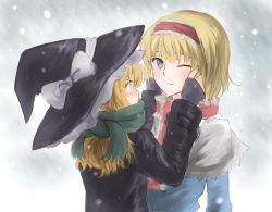 Rule 34 | 2girls, alice margatroid, blonde hair, blue eyes, capelet, coat, dress, eye contact, fingerless gloves, from behind, frown, gloves, grey background, hairband, hands on another&#039;s face, hat, hat ribbon, kirisame marisa, lolita hairband, long hair, long sleeves, looking at another, multiple girls, nip to chip, one eye closed, ribbon, scarf, snowing, touhou, witch hat