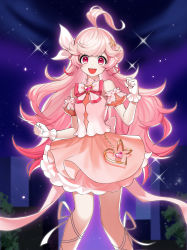 Rule 34 | 1girl, :d, absurdres, ahoge, bare shoulders, clenched hands, detached sleeves, elsword, gloves, hair ribbon, heart, highres, laby (elsword), long hair, looking at viewer, open mouth, pink eyes, pink hair, pink skirt, ppower (lu power), puffy short sleeves, puffy sleeves, ribbon, short sleeves, skirt, smile, solo, very long hair, white gloves, white ribbon