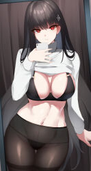 Rule 34 | 1girl, absurdres, black bra, black hair, black pantyhose, blue archive, blunt bangs, bra, breasts, cellphone, cleavage, gluteal fold, hair ornament, hairclip, haneramu, highres, holding, holding phone, lace, lace-trimmed panties, lace trim, large breasts, long hair, long sleeves, looking at viewer, mirror, navel, panties, panties under pantyhose, pantyhose, phone, red eyes, rio (blue archive), selfie, smartphone, solo, sweater, thigh gap, turtleneck, turtleneck sweater, underwear, very long hair, white sweater