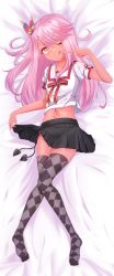 Rule 34 | 1girl, absurdres, argyle, argyle clothes, argyle legwear, bed sheet, black skirt, blush, breasts, chawan (yultutari), chloe von einzbern, closed mouth, collared shirt, dark-skinned female, dark skin, eyelashes, fate/kaleid liner prisma illya, fate (series), full body, grey thighhighs, hair between eyes, hair ribbon, highres, homurahara academy school uniform, legs, licking lips, long hair, looking at viewer, lying, midriff, navel, neck ribbon, on back, one eye closed, one side up, orange eyes, perfection, pink hair, puffy short sleeves, puffy sleeves, red ribbon, ribbon, school uniform, shirt, short sleeves, sidelocks, skirt, small breasts, smile, stomach tattoo, swept bangs, tattoo, thighhighs, tongue, tongue out, white shirt