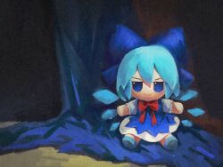 Rule 34 | 1girl, blue bow, blue dress, blue eyes, blue footwear, blue hair, bow, bowtie, cirno, closed mouth, dress, fumo (doll), ge dazuo, hair bow, hashtag-only commentary, highres, jitome, looking at viewer, painterly, red bow, red bowtie, short hair, short sleeves, sitting, smile, solo, straight-on, touhou, wings
