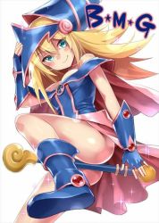 Rule 34 | 1girl, ass, blonde hair, boots, breasts, cleavage, dark magician girl, duel monster, female focus, green eyes, hat, long hair, looking at viewer, simple background, smile, solo, sonsoso, wand, wizard hat, yu-gi-oh!, yuu-gi-ou, yu-gi-oh! duel monsters