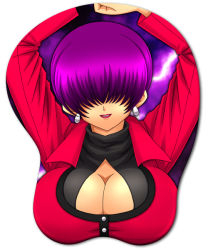 Rule 34 | 1girl, alternate color, breasts, cleavage, female focus, mousepad, mousepad (object), purple hair, shermie (kof), simple background, smile, snk, solo, the king of fighters, upper body, white background
