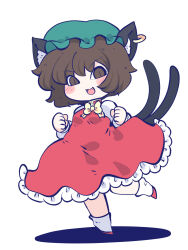Rule 34 | 1girl, :3, :d, animal ear fluff, animal ears, bow, bowtie, breasts, brown eyes, brown hair, cat ears, cat tail, chahan (fried rice0614), chen, chibi, clenched hands, dress, earrings, fang, full body, hat, highres, jewelry, looking at viewer, mob cap, multiple tails, nekomata, open mouth, petticoat, red dress, shadow, short hair, simple background, single earring, slit pupils, small breasts, smile, solo, standing, standing on one leg, tail, touhou, two tails, v-shaped eyebrows, white background, yellow bow, yellow bowtie