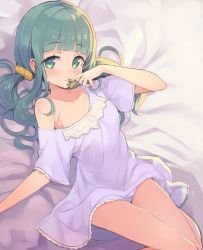 1girl, alternate costume, arm at side, bangs, bare legs, bed, bed sheet, blunt bangs, breasts, chemise, collarbone, curly hair, dot nose, expressionless, eyebrows visible through hair, futaba sana, green eyes, green hair, half-closed eyes, hand up, highres, holding, knees together feet apart, light blush, looking at viewer, low twintails, lying, magia record: mahou shoujo madoka magica gaiden, mahou shoujo madoka magica, on back, on bed, parted lips, scrunchie, shiny, shiny hair, sideboob, sidelighting, sidelocks, small breasts, solo, soul gem, tam-u, tareme, twintails, yellow scrunchie