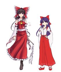 Rule 34 | bare shoulders, black hair, bow, collarbone, detached sleeves, game cg, gohei, hair bow, hair tubes, hakama, hakama skirt, hakurei reimu, hater (hatater), height difference, japanese clothes, long hair, long sleeves, miko, red hakama, sidelocks, simple background, skirt, touhou, touhou: mysteries of eastern сreatures, wide sleeves, yellow neckwear