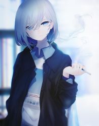 Rule 34 | 1girl, bad id, bad twitter id, black jacket, blue eyes, blue shirt, blurry, blurry background, bob cut, cigarette, closed mouth, collared shirt, depth of field, earrings, grey hair, head tilt, highres, holding, holding cigarette, jacket, jewelry, light smile, long sleeves, looking at viewer, medium hair, migihidari (puwako), open clothes, open jacket, original, shirt, smile, smoke, smoking, solo, sweater, upper body, wing collar