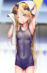 Rule 34 | 1girl, ;), abigail williams (fate), absurdres, armpits, arms up, bare shoulders, black bow, blonde hair, blue eyes, blue one-piece swimsuit, blurry, blurry background, blush, bow, breasts, closed mouth, collarbone, commentary request, covered navel, depth of field, drying, drying hair, fate/grand order, fate (series), gluteal fold, hair between eyes, hair bow, head tilt, highres, long hair, looking at viewer, old school swimsuit, one-piece swimsuit, one eye closed, orange bow, parted bangs, pool, sanpeita, school swimsuit, small breasts, smile, solo, swimsuit, towel, very long hair, wet